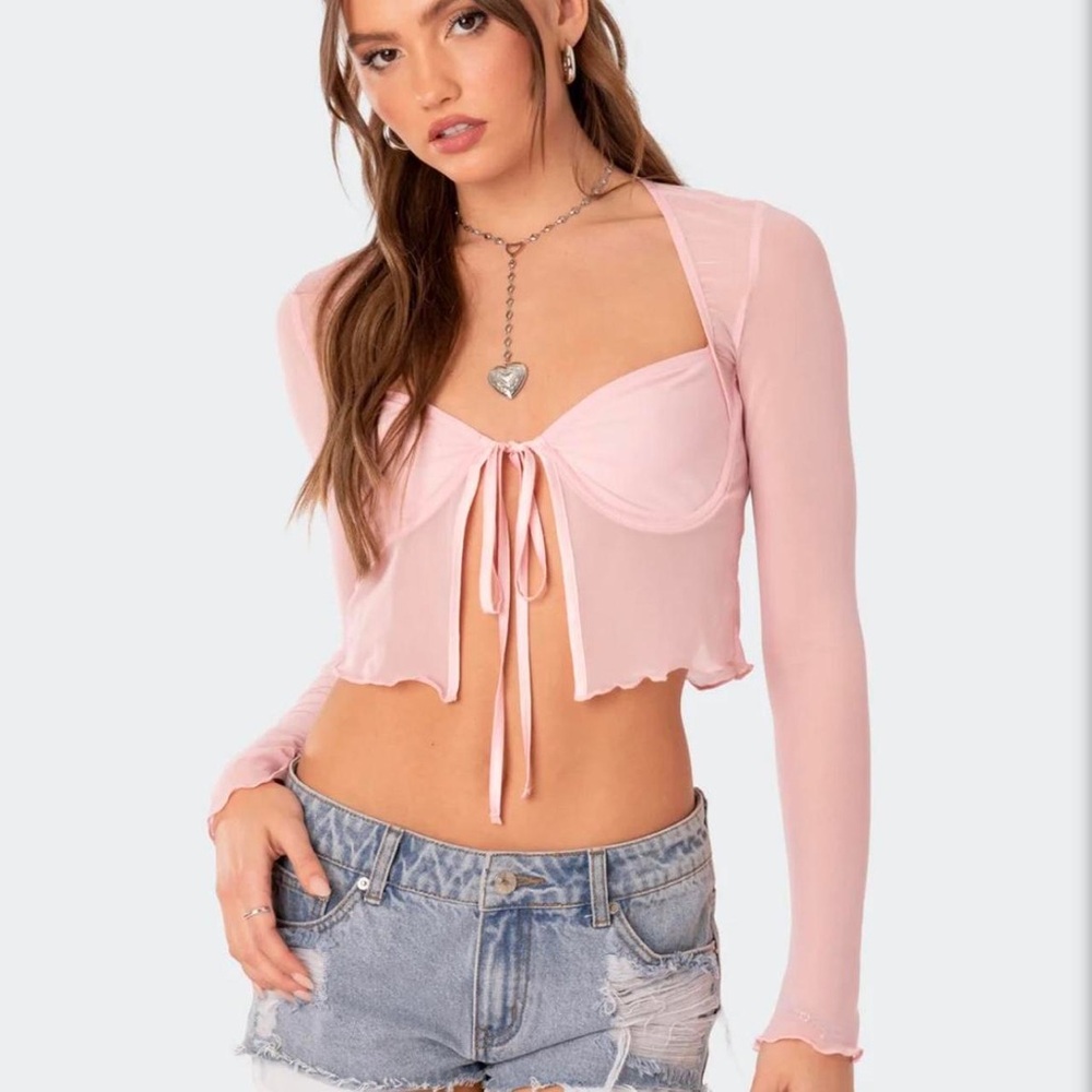 EDIKTED PINK LONG SLEEVE TIE MESH CROP TOP